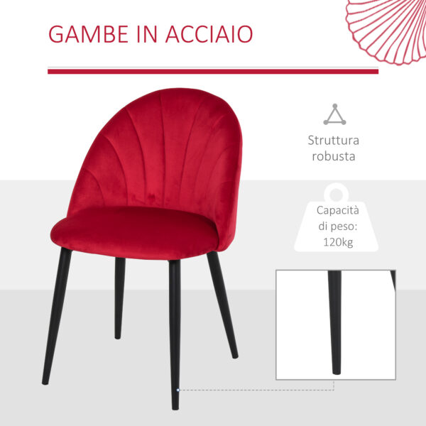 Set 2 Sedie per Sala da Pranzo Imbottite dal Design Nordico in Metallo e Velluto Rosso