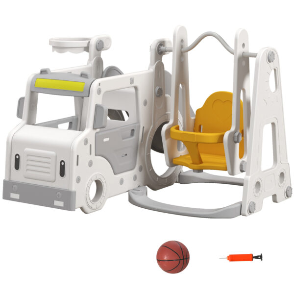 Set Scivolo per Bambini 18-48 Mesi con Altalena, Macchinina e Canestro, 201x151x87.5cm, Bianco