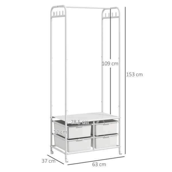 Stand Appendiabiti con Scarpiera a 4 Cesti e 8 Ganci, in Acciaio e Plastica, 63x37x153 cm, Bianco