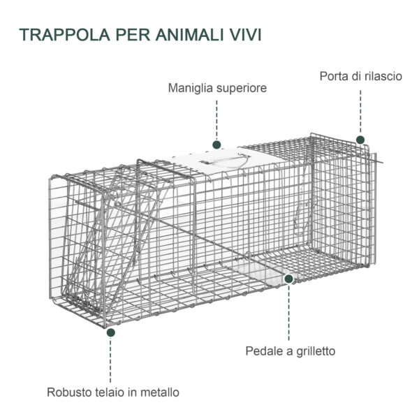 Gabbia Trappola per Animali Vivi Pieghevole in Acciaio, 81x26x34.5cm, Argento