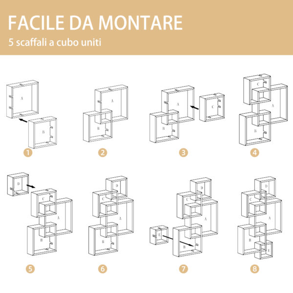 Libreria Moderna Sospesa con 5 Cubi Intrecciati in Legno, 49.5x10.2x86cm, Bianco