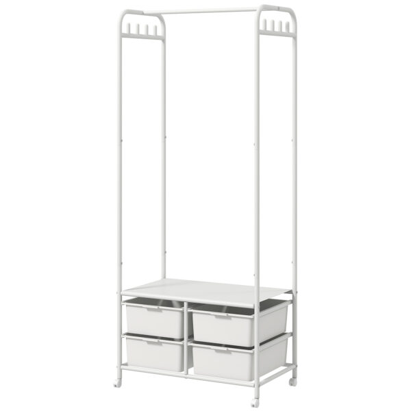 Stand Appendiabiti con Scarpiera a 4 Cesti e 8 Ganci, in Acciaio e Plastica, 63x37x153 cm, Bianco