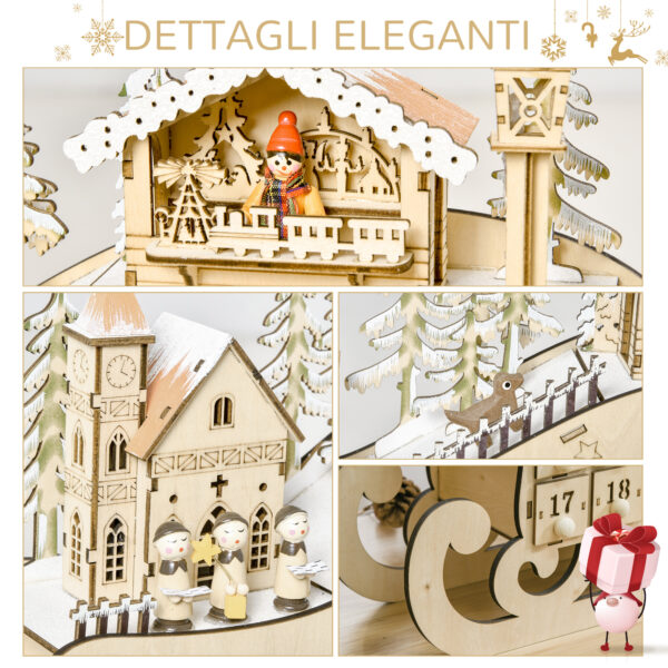 Calendario dell'Avvento in Legno a Forma di Slitta con 24 Cassetti Decorazioni e Luci a LED, 45x10x31cm - Legno