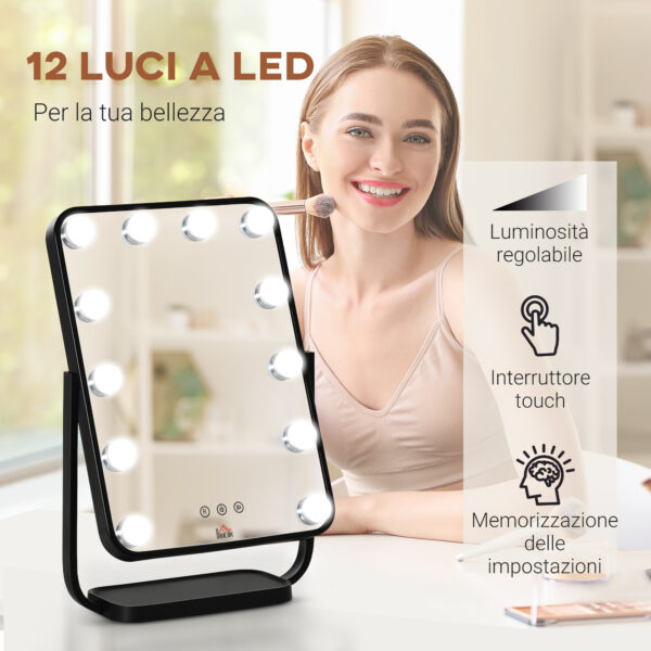 Specchio Trucco Illuminato Inclinabile con 12 Luci LED e Luminosità Regolabile, 32.8Lx11x47.4cm