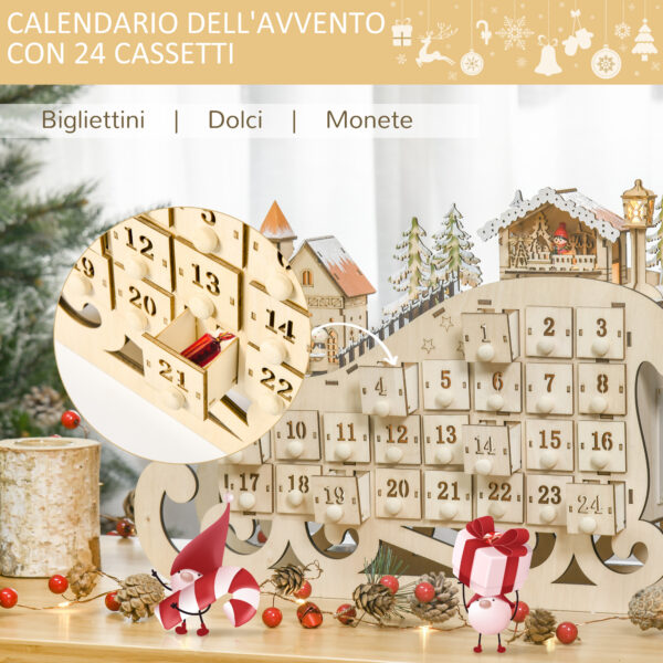 Calendario dell'Avvento in Legno a Forma di Slitta con 24 Cassetti Decorazioni e Luci a LED, 45x10x31cm - Legno