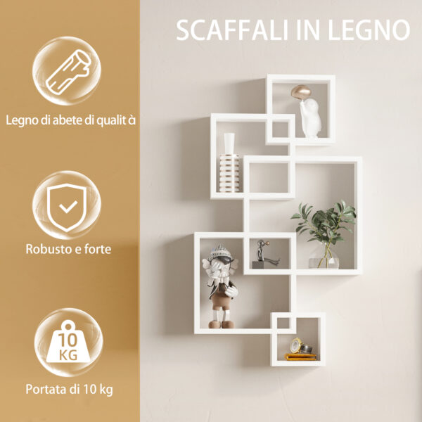 Libreria Moderna Sospesa con 5 Cubi Intrecciati in Legno, 49.5x10.2x86cm, Bianco