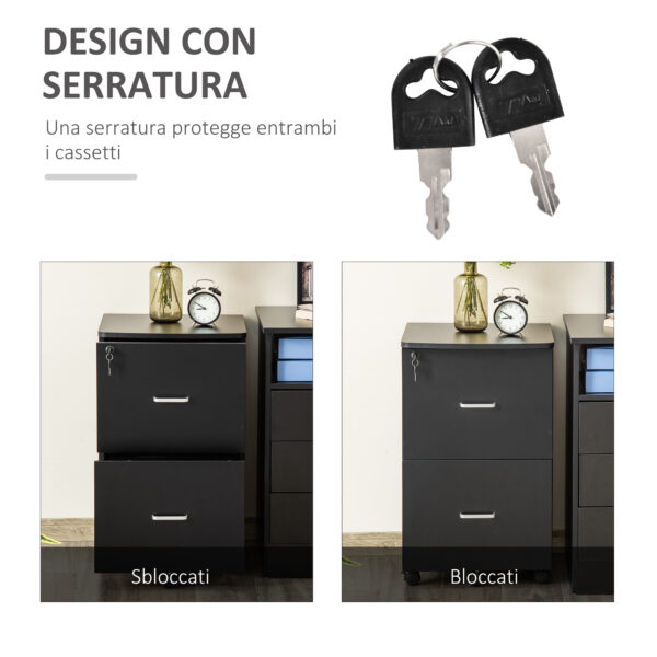 Armadietto da Ufficio con 2 Cassetti e 5 Ruote, Schedario in MDF e Truciolato, 43x45x72 cm, Nero