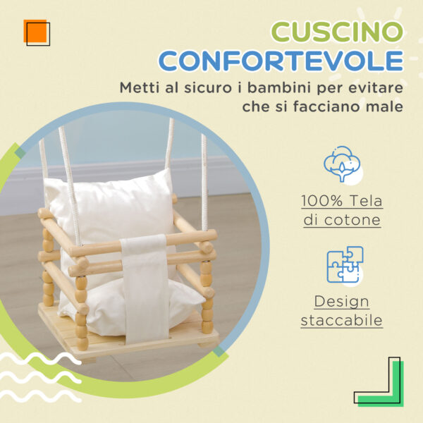 Altalena per Bambini 9-36 Mesi in Legno e Cotone con Corda Regolabile e Cuscino, 30x30x110-180 cm