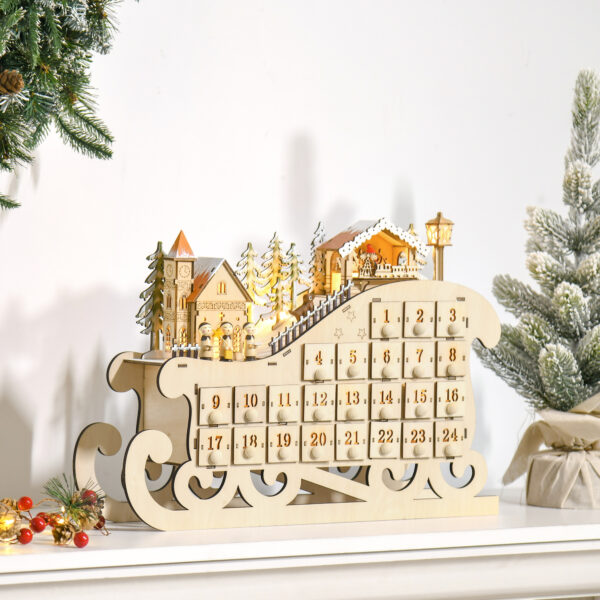 Calendario dell'Avvento in Legno a Forma di Slitta con 24 Cassetti Decorazioni e Luci a LED, 45x10x31cm - Legno