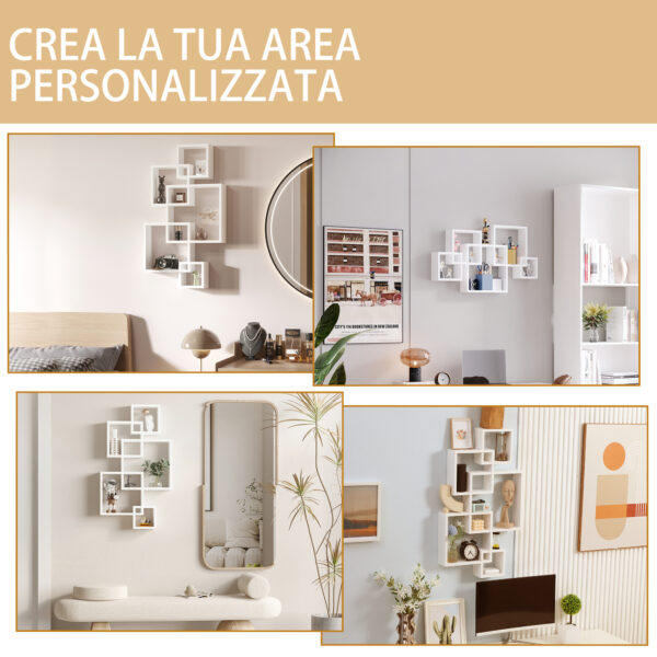 Libreria Moderna Sospesa con 5 Cubi Intrecciati in Legno, 49.5x10.2x86cm, Bianco