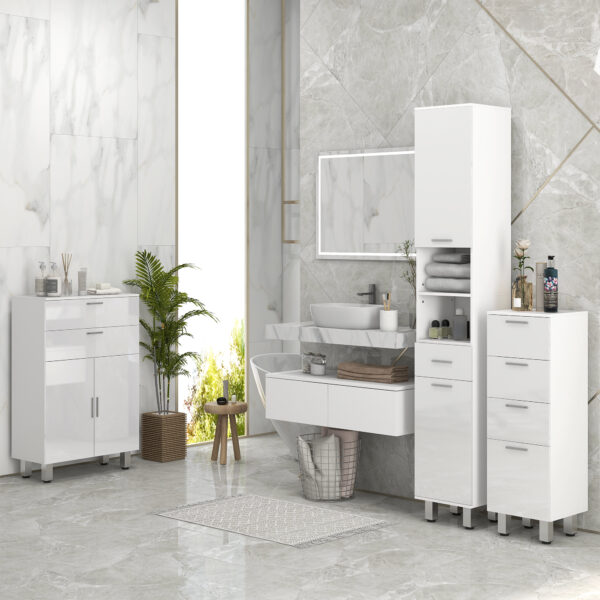 Mobiletto Bagno in Truciolato con 4 Cassetti e Base Rialzata, 30x30x93 cm, Bianco