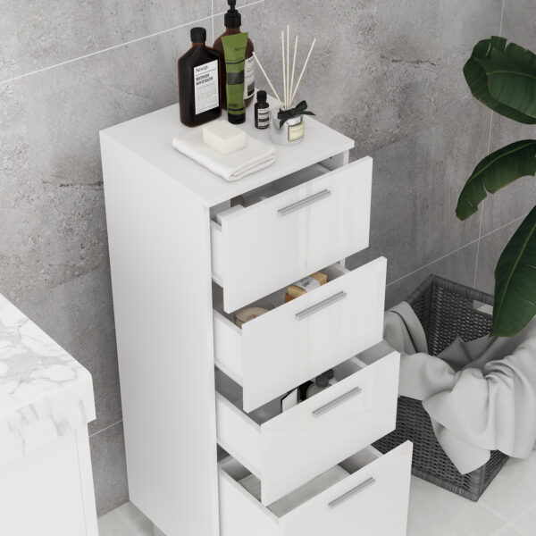 Mobiletto Bagno in Truciolato con 4 Cassetti e Base Rialzata, 30x30x93 cm, Bianco