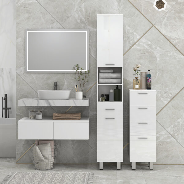 Mobiletto Bagno in Truciolato con 4 Cassetti e Base Rialzata, 30x30x93 cm, Bianco