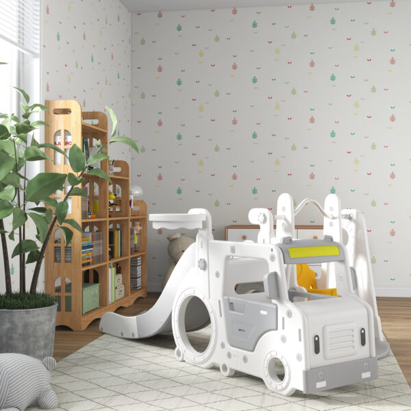 Set Scivolo per Bambini 18-48 Mesi con Altalena, Macchinina e Canestro, 201x151x87.5cm, Bianco