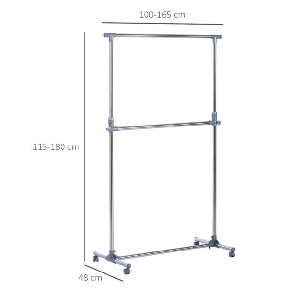 Stender Appendiabiti con Altezza ed Estensione Regolabili, 4 Ruote Girevoli, Acciaio Inox e ABS, 165x48x180cm