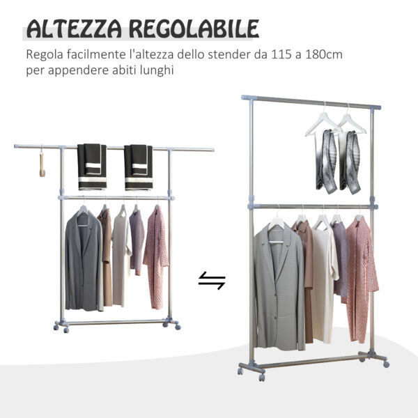 Stender Appendiabiti con Altezza ed Estensione Regolabili, 4 Ruote Girevoli, Acciaio Inox e ABS, 165x48x180cm