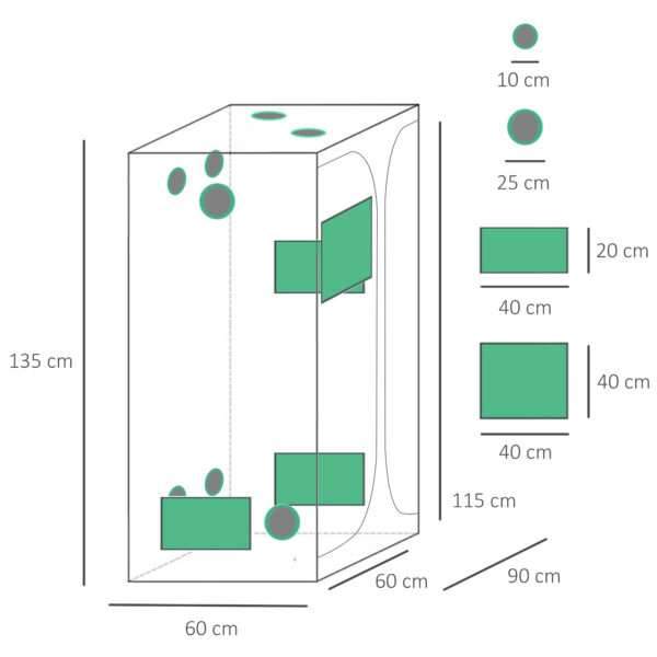 Serra Idroponica Serre Agricole Tessuto Riflettente e Prese d'Aria 90x60x135cm Nero