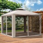 Gazebo da Giardino 3x3m con Zanzariera, Struttura in Metallo e Copertura in Poliestere, Beige