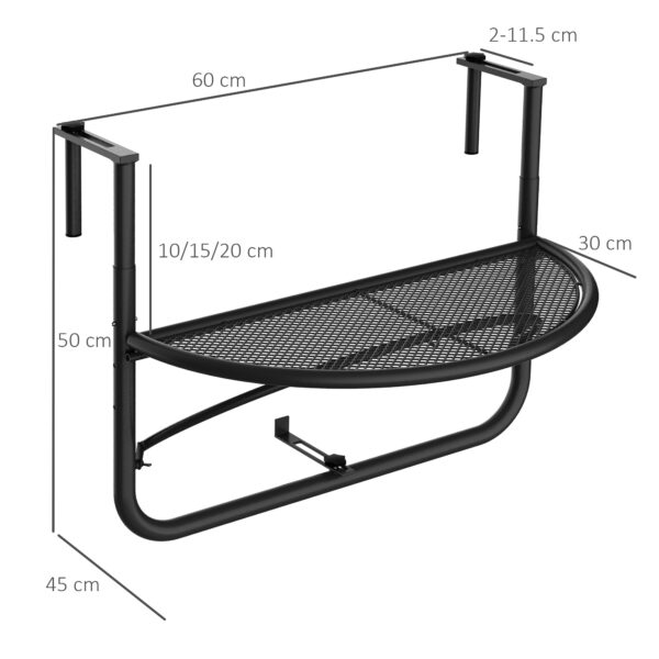 Tavolino da Appendere alla Ringhiera del Balcone, Regolabile in Altezza, Ferro, Nero, 60x45x50 cm