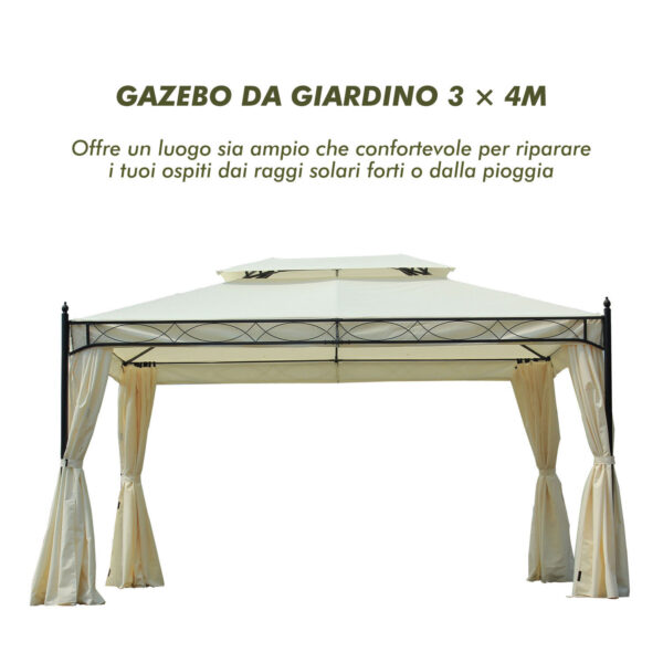 Gazebo da Giardino 3x4m in Acciaio con Doppio Tetto e 4 Tende Laterali, Crema