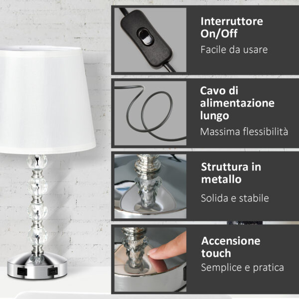 Lampada da Tavolo con Cristalli e 2 Prese USB, Interruttore Touch e Attacco E27, Ф23x45cm, Bianco e Argento