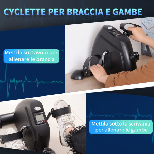 Mini Cyclette Portatile per l'Allenamento di Gambe e Braccia con Display LCD, ruota in ghisa, Nera