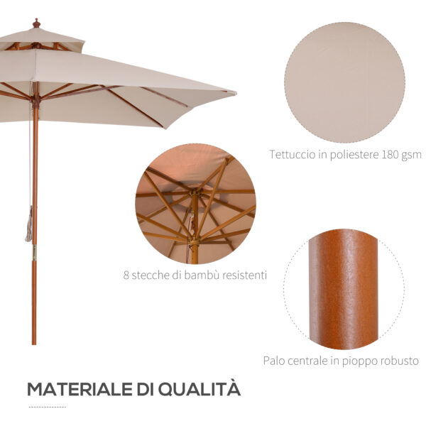 Ombrellone da Giardino 3x3m con 8 Stecche in Bamboo e Copertura Parasole a due Livelli, Crema