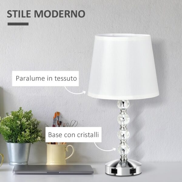 Lampada da Tavolo con Cristalli e 2 Prese USB, Interruttore Touch e Attacco E27, Ф23x45cm, Bianco e Argento