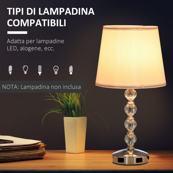 Lampada da Tavolo con Cristalli e 2 Prese USB, Interruttore Touch e Attacco E27, Ф23x45cm, Bianco e Argento