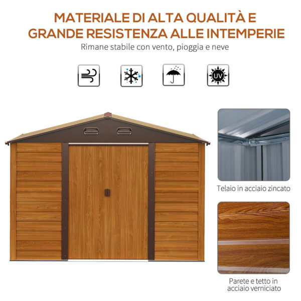 Casetta da Giardino Porta Attrezzi in Acciaio con Porte Scorrevoli, 278x195x215cm, Marrone