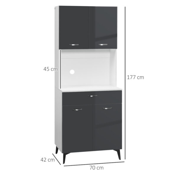 Credenza Moderna con 2 Armadietti e Cassetto, Piano per Microonde e Mensole, 70x42x177cm