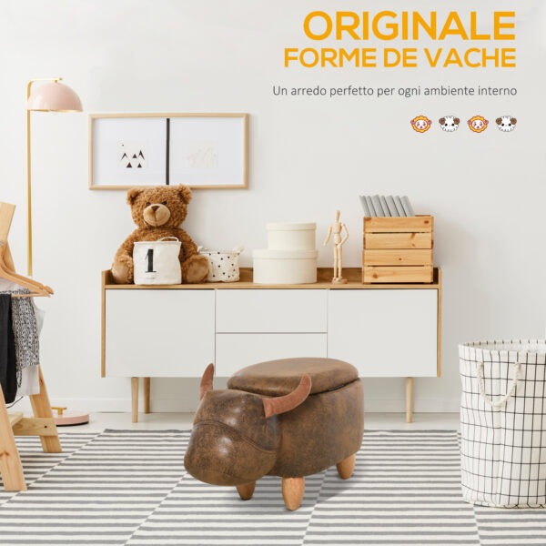 Pouf Contenitore a Forma di Bufalo, Sgabello Poggiapiedi con Struttura in Legno e Seduta Imbottita Marrone