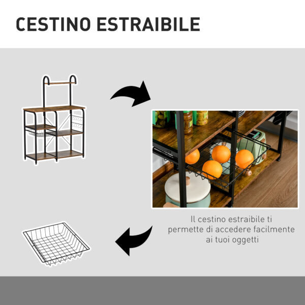 Mobile Cucina con Cestino Estraibile 6 Ripiani 4 Ganci, in Metallo e Legno, Marrone Rustico