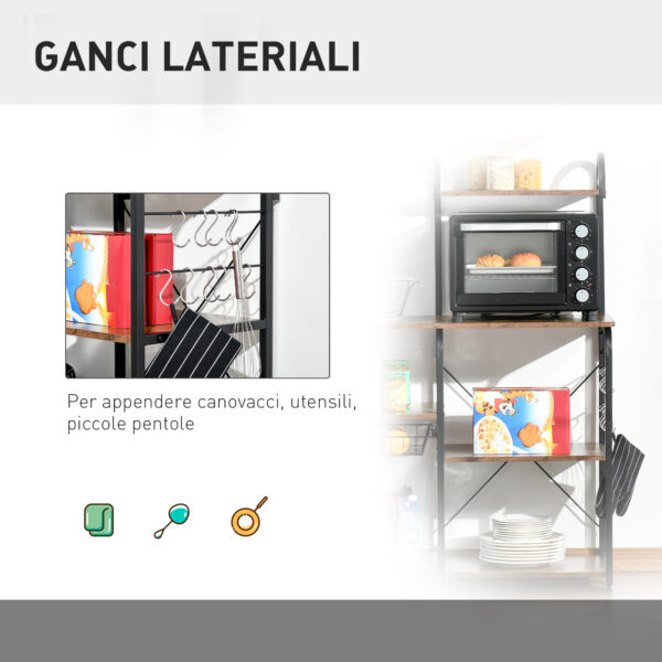 Mobile Cucina con Cestino Estraibile 6 Ripiani 4 Ganci, in Metallo e Legno, Marrone Rustico