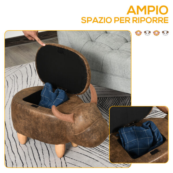 Pouf Contenitore a Forma di Bufalo, Sgabello Poggiapiedi con Struttura in Legno e Seduta Imbottita Marrone