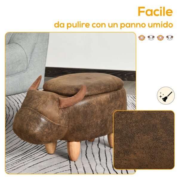 Pouf Contenitore a Forma di Bufalo, Sgabello Poggiapiedi con Struttura in Legno e Seduta Imbottita Marrone