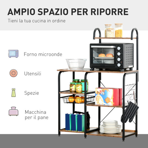 Mobile Cucina con Cestino Estraibile 6 Ripiani 4 Ganci, in Metallo e Legno, Marrone Rustico