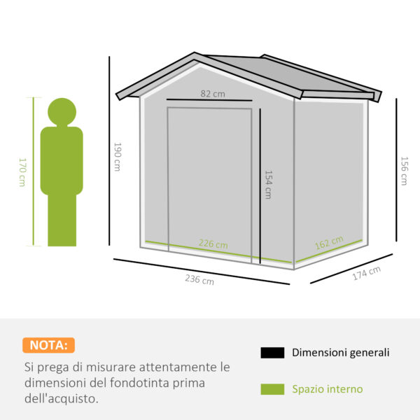 Casetta da Giardino Porta Utensili in Lamiera di Acciaio, Capanno da Giardino in Acciaio con Porte Scorrevoli, 236x174x190cm, Grigio