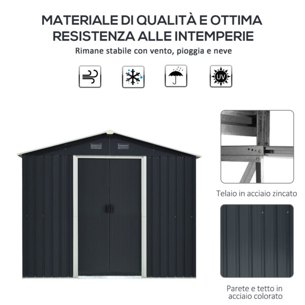 Casetta da Giardino Porta Utensili in Lamiera di Acciaio, Capanno da Giardino in Acciaio con Porte Scorrevoli, 236x174x190cm, Grigio