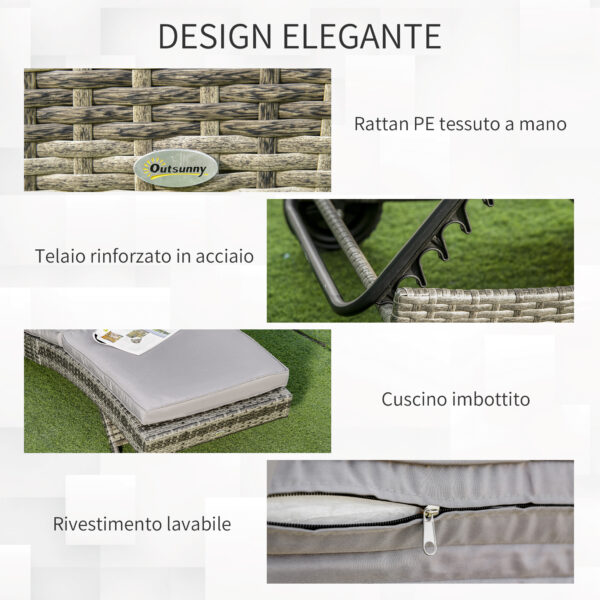 Sdraio da Giardino in Rattan PE con Schienale Regolabile e Cuscino, 207x70x70cm, Grigio