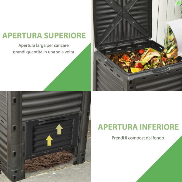 Compostiera da Giardino, Compostiera Domestica da 300L in Plastica Nera, Bidone per Compost con Coperchio a Incastro