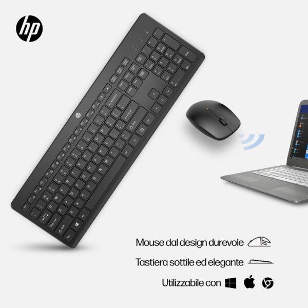 HP 230 Combo Tastiera e Mouse Wireless, fino a 1 anno di Autonomia, Digitazione Silenziosa, Tasti Scelta Rapida e 12 Funzioni, Tastierino Numerico, 1600 DPI, Rotella Scorrimento, Nera