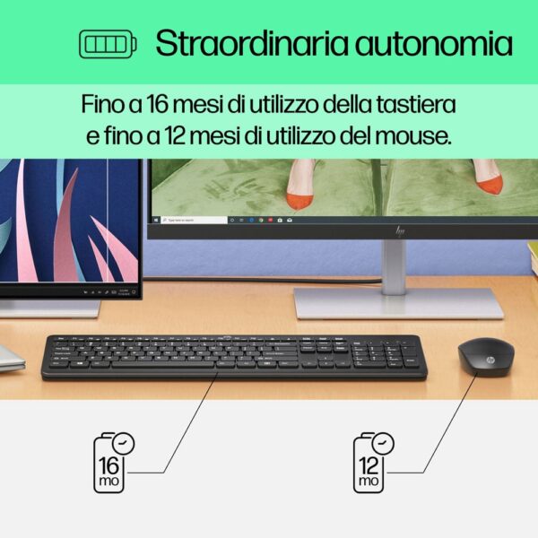 HP 230 Combo Tastiera e Mouse Wireless, fino a 1 anno di Autonomia, Digitazione Silenziosa, Tasti Scelta Rapida e 12 Funzioni, Tastierino Numerico, 1600 DPI, Rotella Scorrimento, Nera