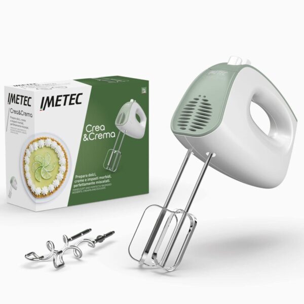 IMETEC Crea&Crema Sbattitore Elettrico, Fruste Extralunghe per Impasti Dolci e Panna Montata, Ganci Acciaio Inox per Impastare, 5 Velocità, Funzione Turbo, Design Ergonomico, 500W