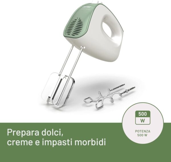 IMETEC Crea&Crema Sbattitore Elettrico, Fruste Extralunghe per Impasti Dolci e Panna Montata, Ganci Acciaio Inox per Impastare, 5 Velocità, Funzione Turbo, Design Ergonomico, 500W