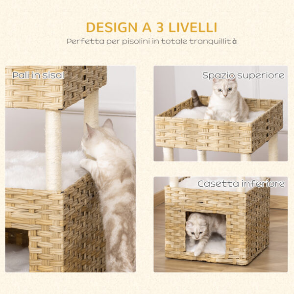 Casetta per Gatti a 3 Livelli in Rattan PE con Cuscini Lavabili in Peluche, 40x40x70cm - Legno