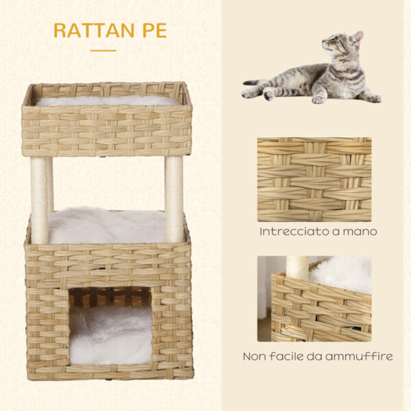 Casetta per Gatti a 3 Livelli in Rattan PE con Cuscini Lavabili in Peluche, 40x40x70cm - Legno