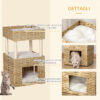 Casetta per Gatti a 3 Livelli in Rattan PE con Cuscini Lavabili in Peluche, 40x40x70cm - Legno