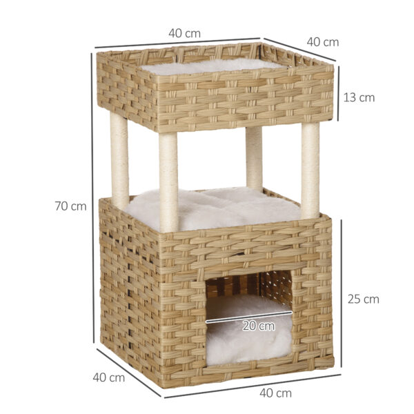 Casetta per Gatti a 3 Livelli in Rattan PE con Cuscini Lavabili in Peluche, 40x40x70cm - Legno