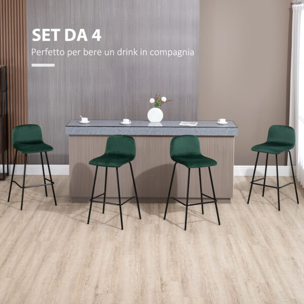 Set 4 Sgabelli Alti con Poggiapiedi per Cucina e Bar, in Poliestere Vellutato, Acciaio e Gommapiuma, 40x45.5x94 cm